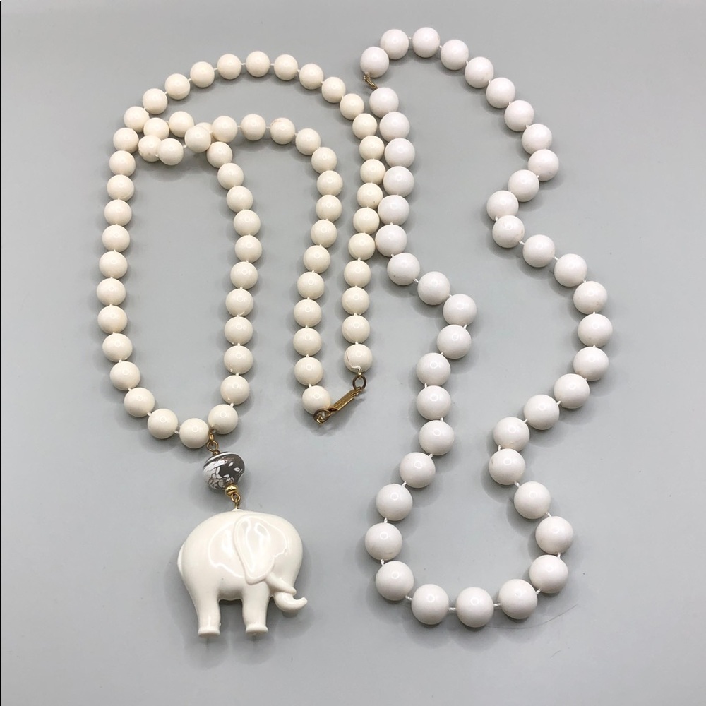 Vintage beaded layered look white and cream elephant necklace dressy statement.